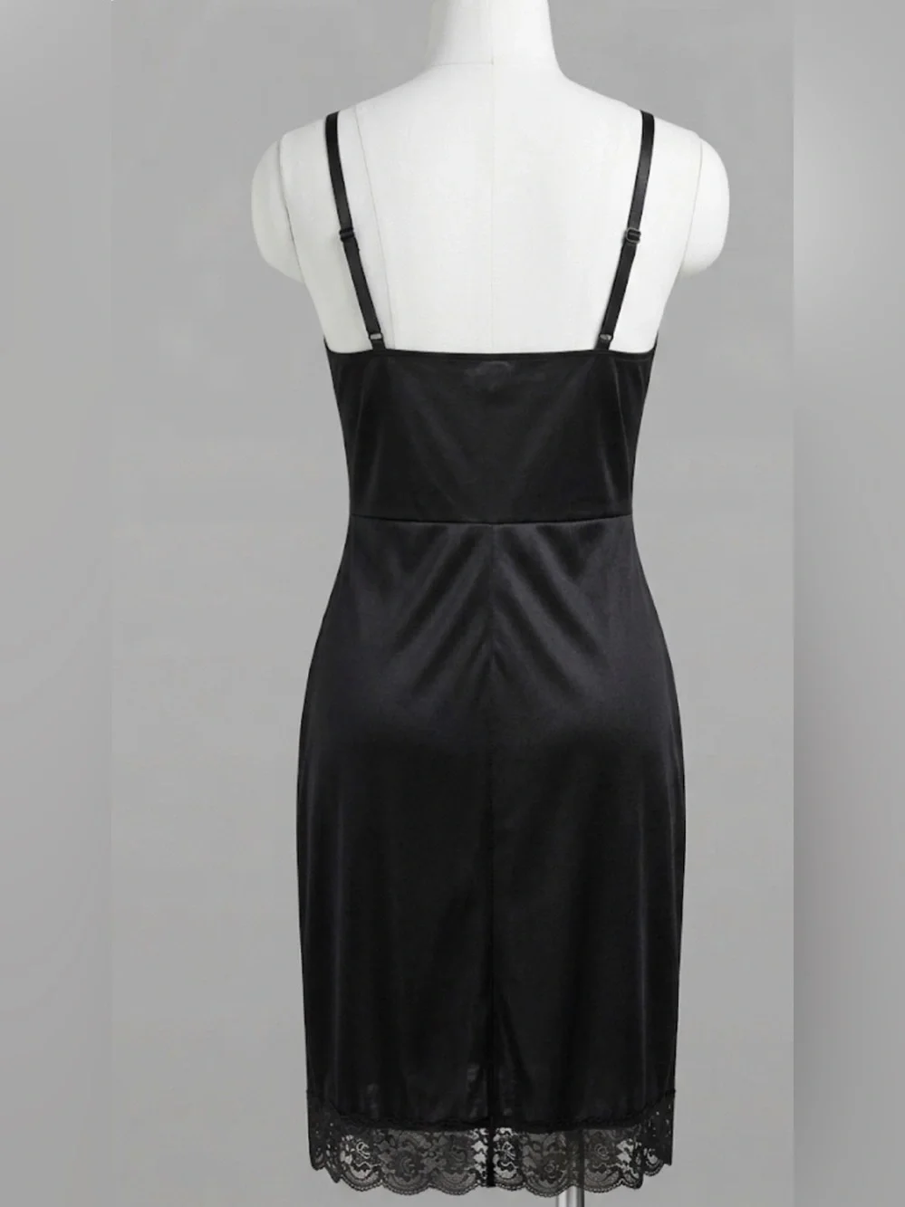 Vintage American Black Nylon Slip Dress with Lace Trim, Size Small Made In USA